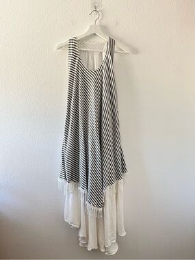 Striped Grey & White Fringe Layered Tiered Dress Flowy Maxi Dress Cotton